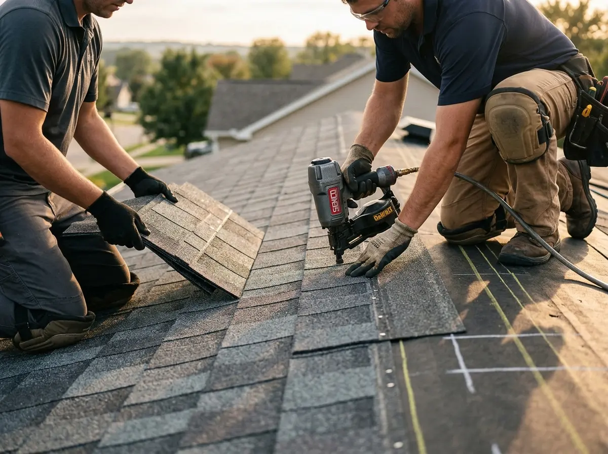 Professional roofer working on a residential roof in California